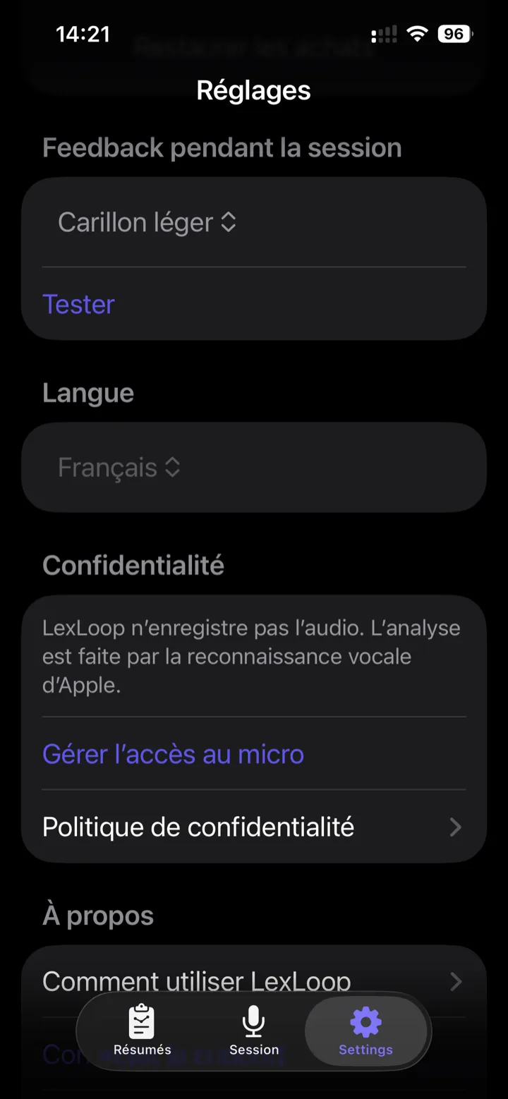 Écran Réglages